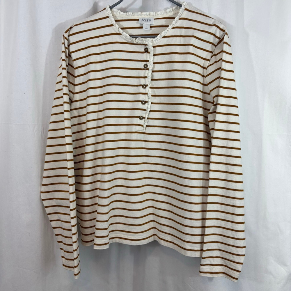 Women's J.Crew Large Long Sleeve Striped Cotton Henley Tee White Mustard Brown